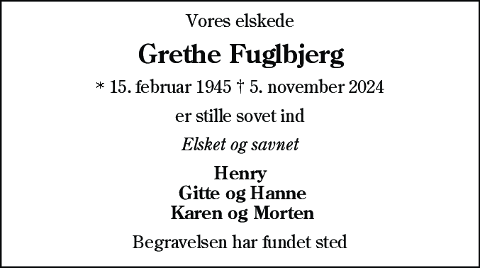 Dødsannonce for Grethe Fuglbjerg