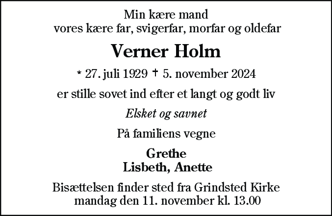 Dødsannonce for Verner Holm