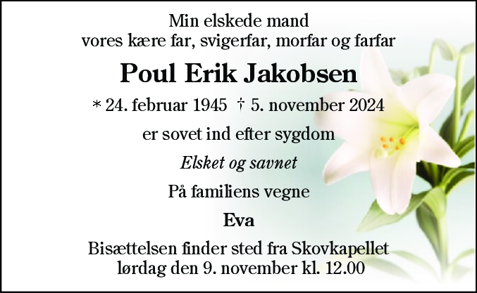 Dødsannonce for Poul Erik Jakobsen