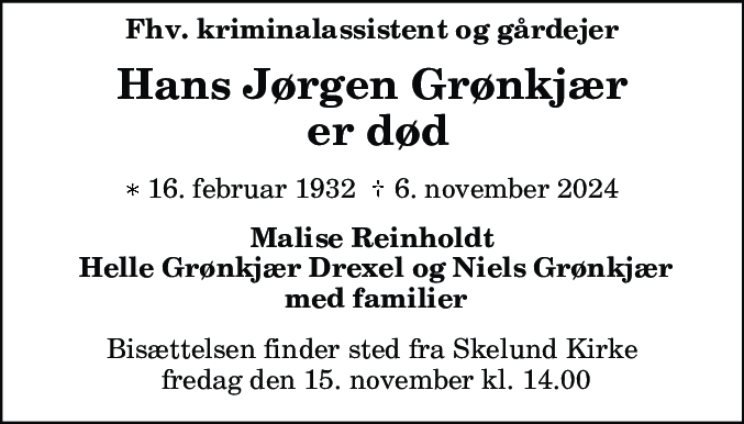 Dødsannonce for Hans Jørgen Grønkjær