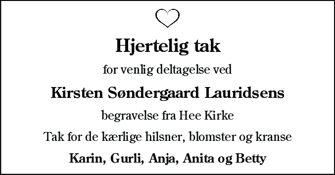 Dødsannonce for Kirsten Søndergaard Lauridsen