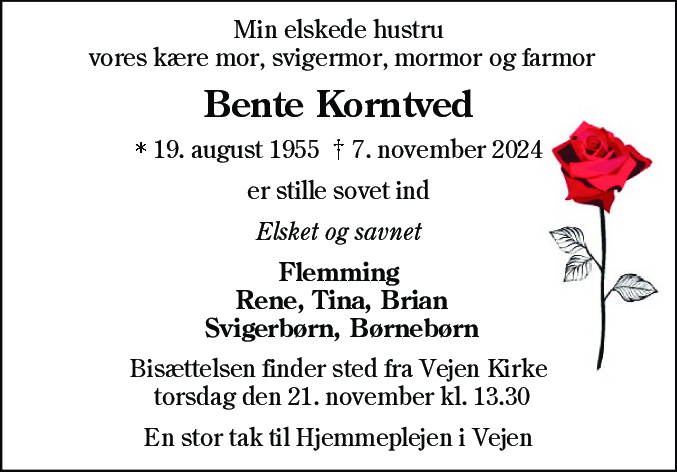Dødsannonce for Bente Korntved