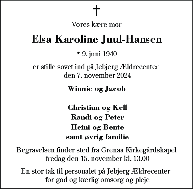 Dødsannonce for Elsa Karoline Juul-Hansen