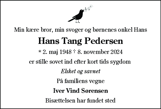 Dødsannonce for Hans Tang Pedersen