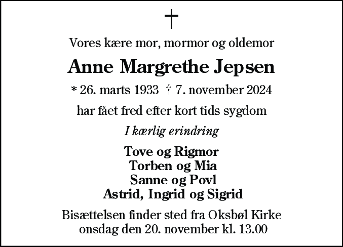 Dødsannonce for Anne Margrethe Jepsen