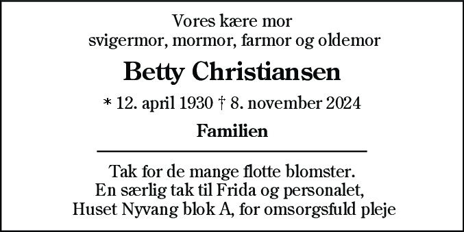 Dødsannonce for Betty Christiansen
