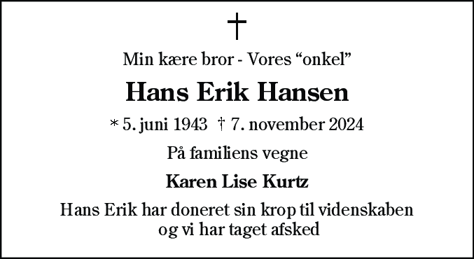 Dødsannonce for Hans Erik Hansen