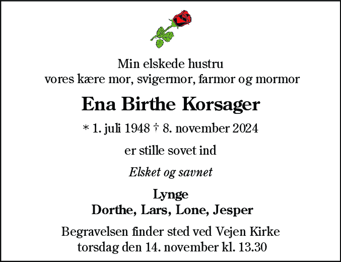 Dødsannonce for Ena Birthe Korsager