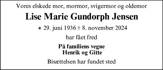 Dødsannonce for Lise Marie Jensen