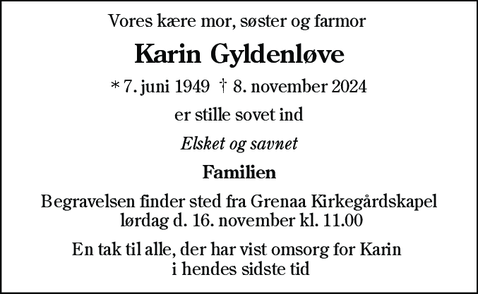 Dødsannonce for Karin Gyldenløve