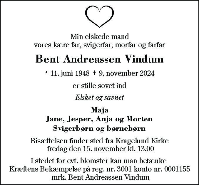 Dødsannonce for Bent Andreassen Vindum