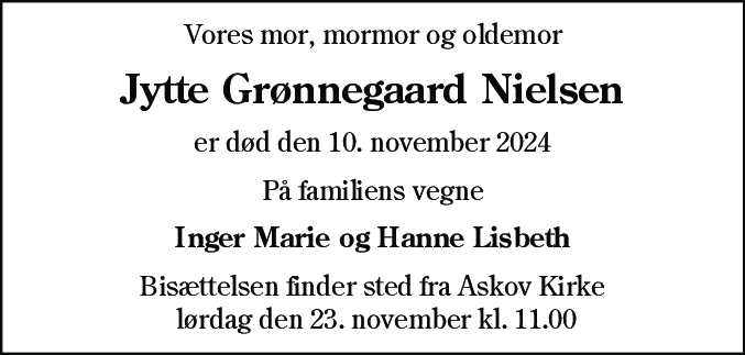 Dødsannonce for Jytte Grønnegaard Nielsen