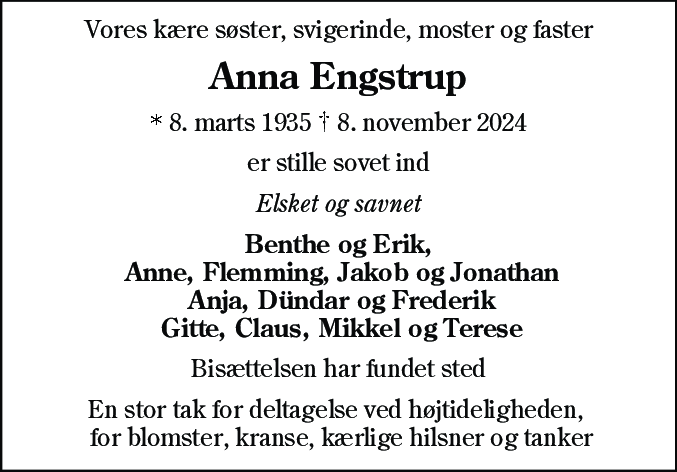 Dødsannonce for Anna Engstrup