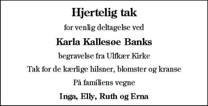 Dødsannonce for Karla Kallesøe Bank