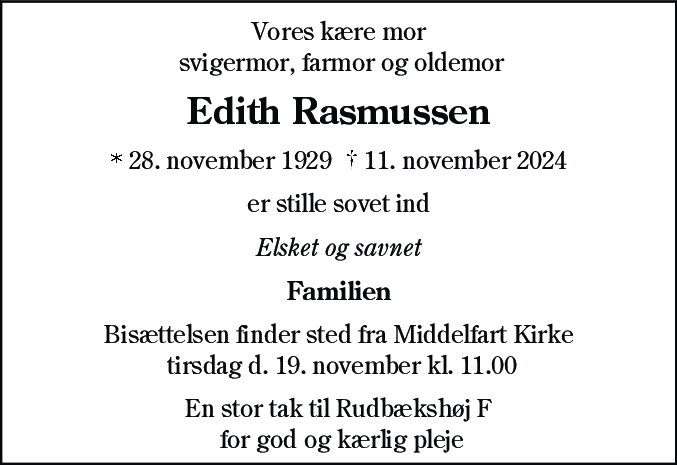Dødsannonce for Edith Rasmussen