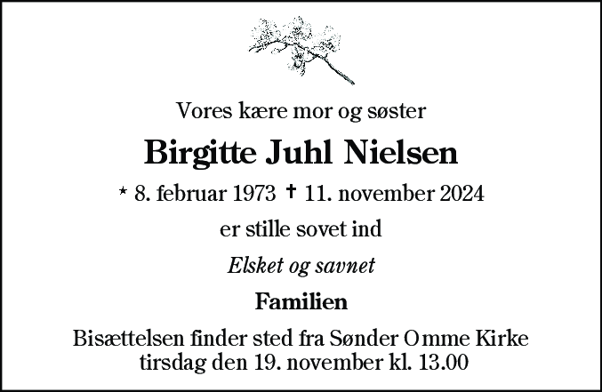 Dødsannonce for Birgitte Juhl Nielsen