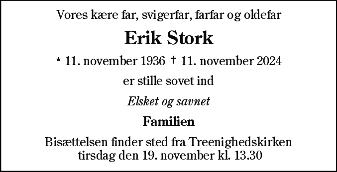 Dødsannonce for Erik Stork