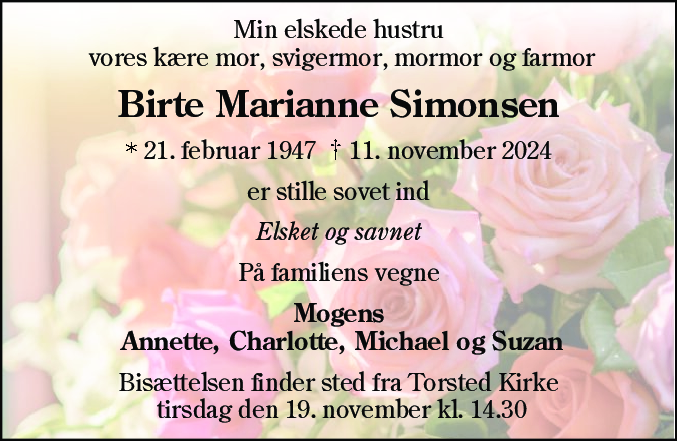 Dødsannonce for Birte Marianne Simonsen