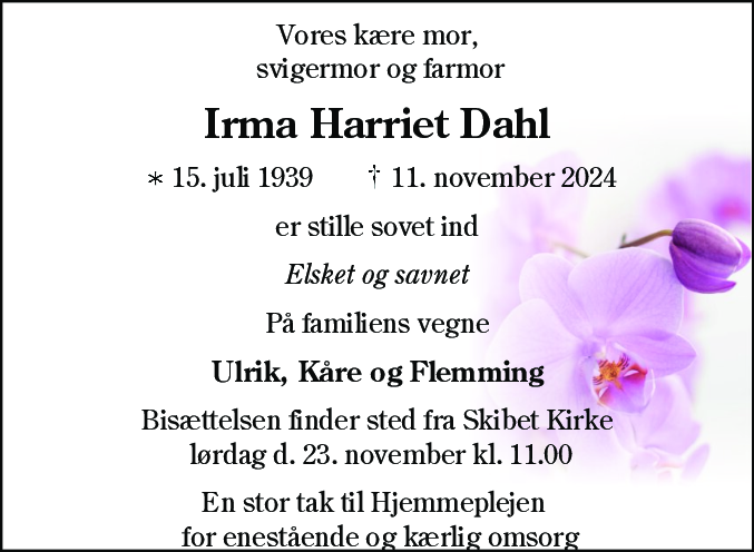 Dødsannonce for Irma Harriet Dahl