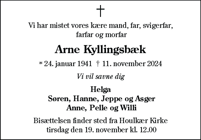 Dødsannonce for Arne Kyllingsbæk