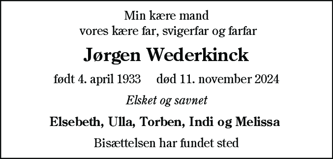 Dødsannonce for Jørgen Wederkinck