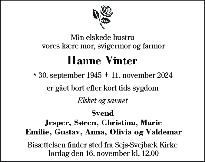 Dødsannonce for Hanne Grethe Vinter