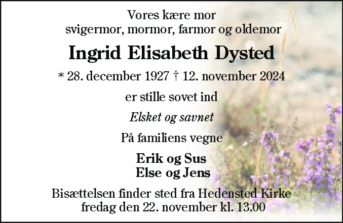 Dødsannonce for Ingrid Elisabeth Dysted