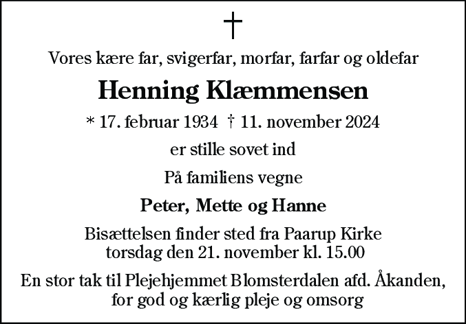 Dødsannonce for Henning Klæmmensen