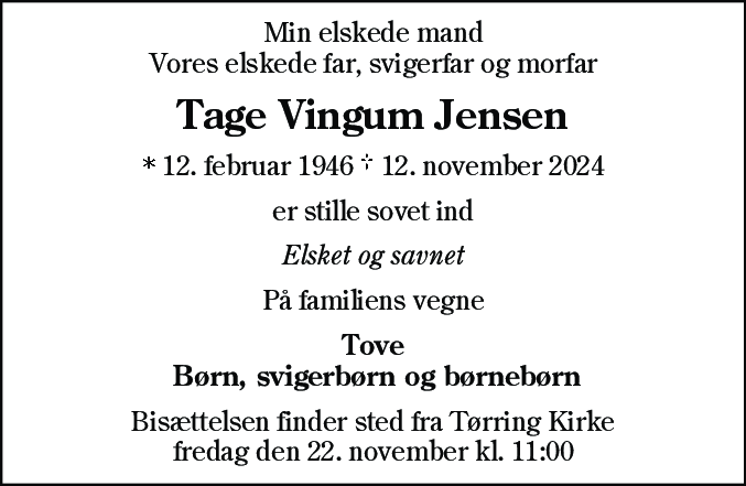 Dødsannonce for Tage Vingum Jensen