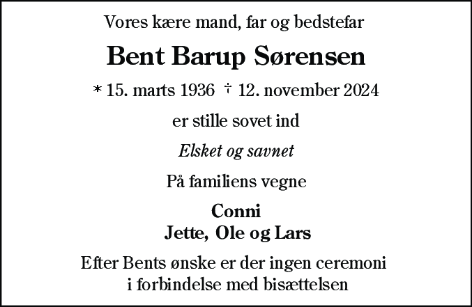 Dødsannonce for Bent Barup Sørensen