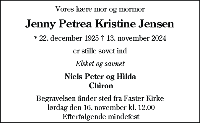 Dødsannonce for Jenny Petrea Kristine Jensen