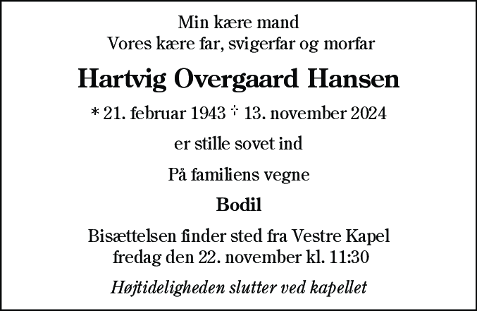 Dødsannonce for Hartvig Overgaard Hansen