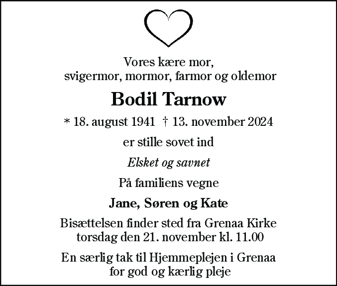 Dødsannonce for Bodil Jensen Tarnow