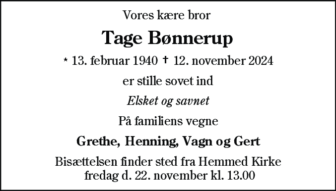 Dødsannonce for Tage Bønnerup