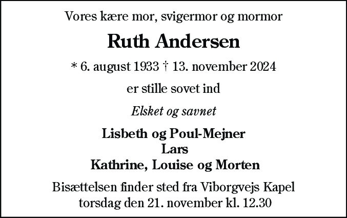 Dødsannonce for Olga Ruth Andersen