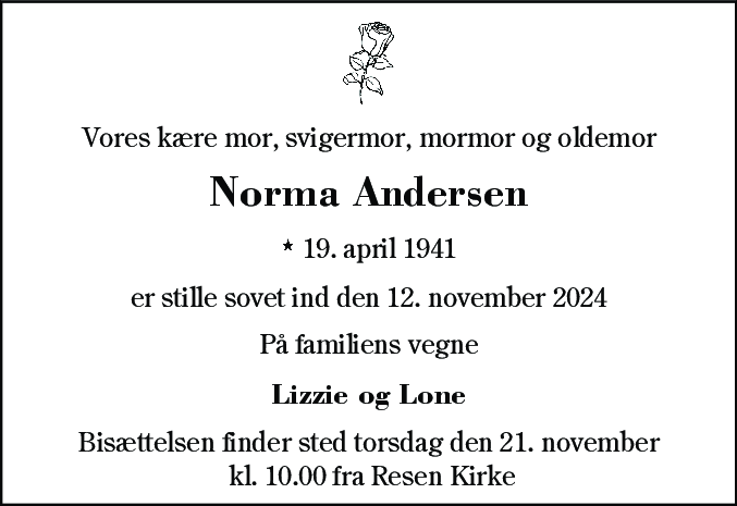 Dødsannonce for Norma Andersen