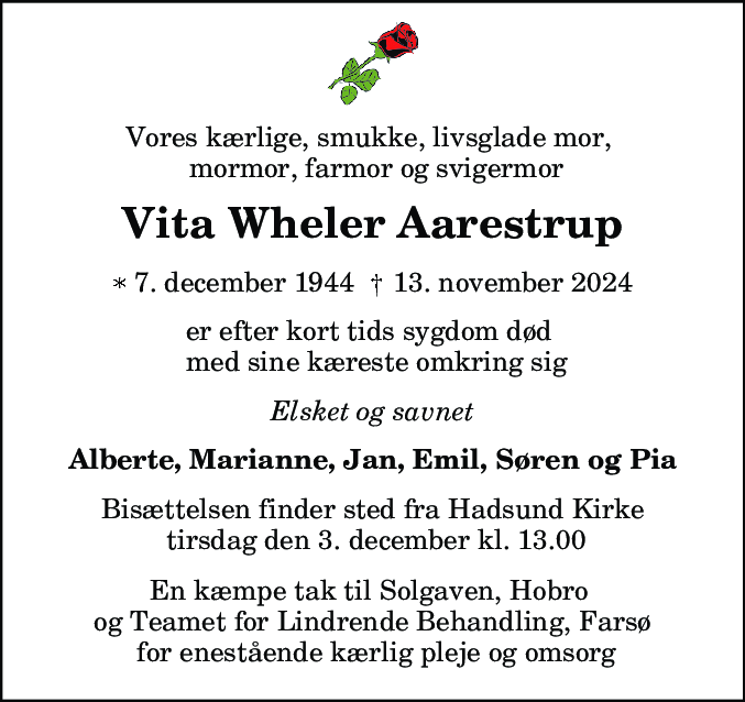 Dødsannonce for Vita Wheler Aarestrup