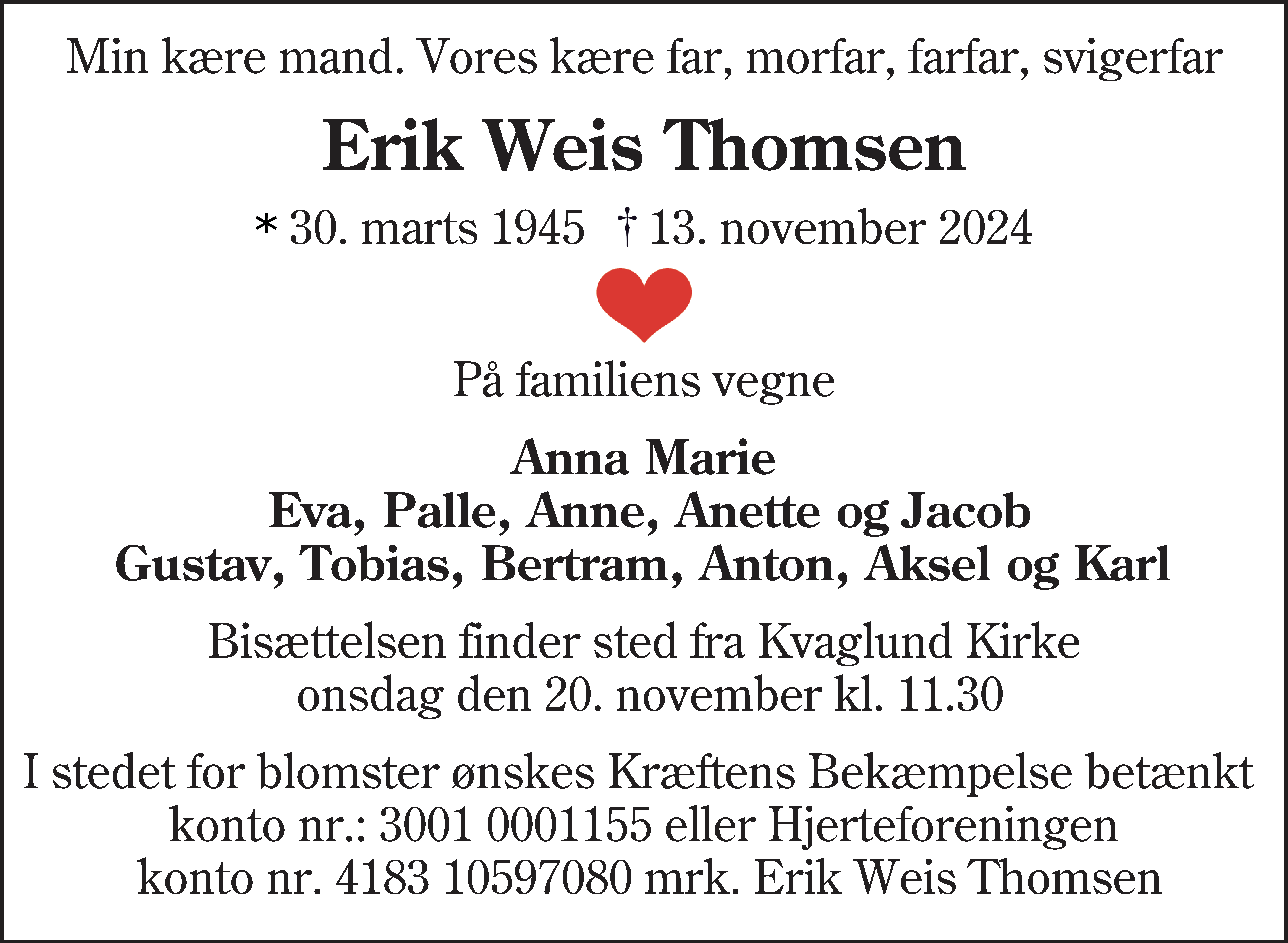 Dødsannonce for Erik Weis Thomsen