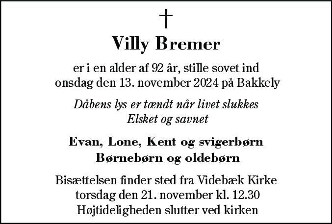 Dødsannonce for Villy Bremer