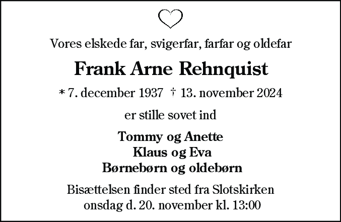 Dødsannonce for Frank Arne Rehnquist