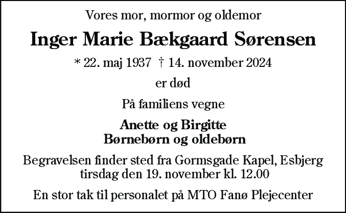 Dødsannonce for Inger Marie Bækgaard Sørensen