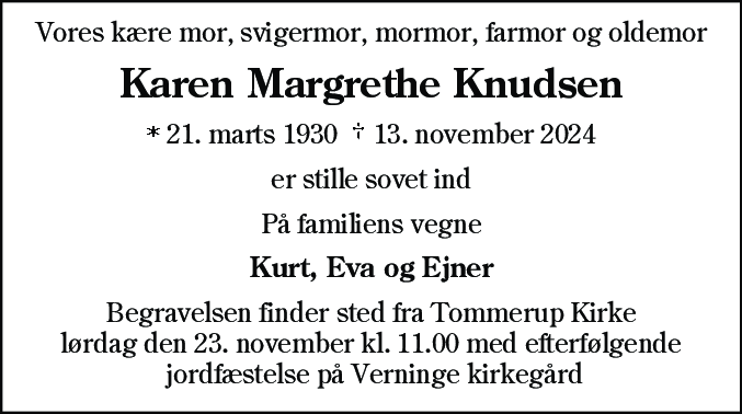 Dødsannonce for Karen Margrethe Knudsen