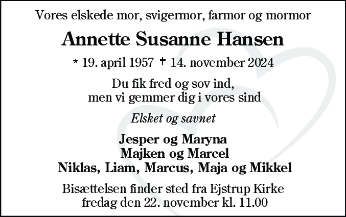 Dødsannonce for Annette Susanne Hansen