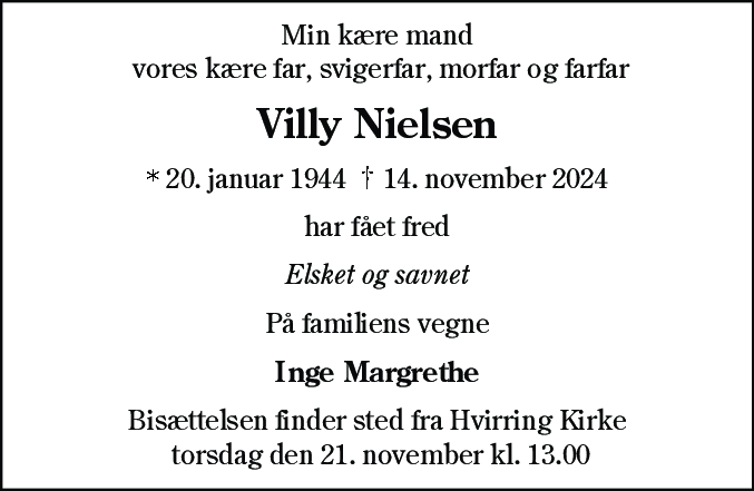 Dødsannonce for Villy Nielsen