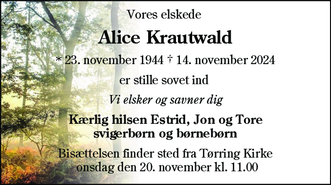 Dødsannonce for Alice Krautwald