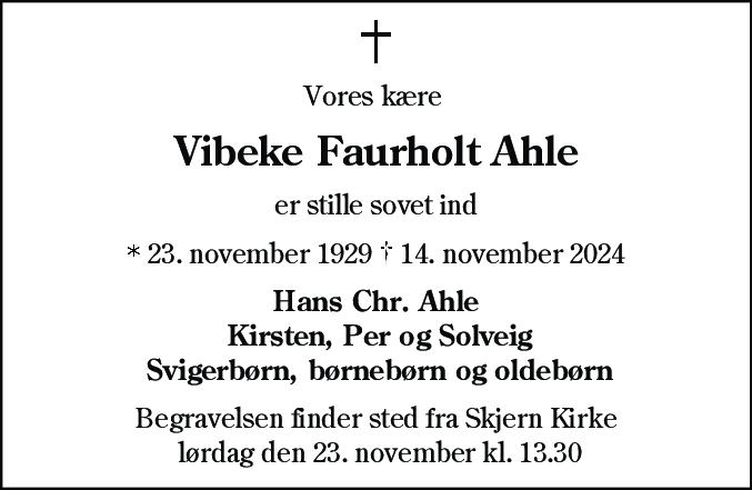 Dødsannonce for Vibeke Faurholt Ahle