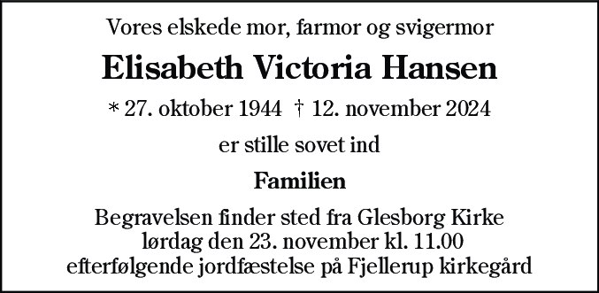 Dødsannonce for Elisabeth Victoria Hansen