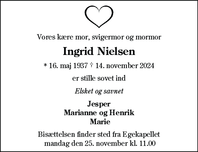 Dødsannonce for Ingrid Nielsen