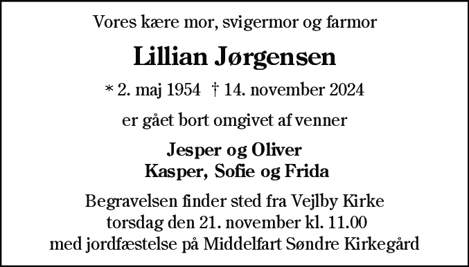 Dødsannonce for Lillian Jørgensen