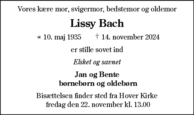 Dødsannonce for Lissy Bach